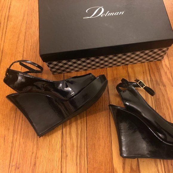 Delman Gigi Peep Toe Black Patent Wedge 9 - Picture 3 of 6